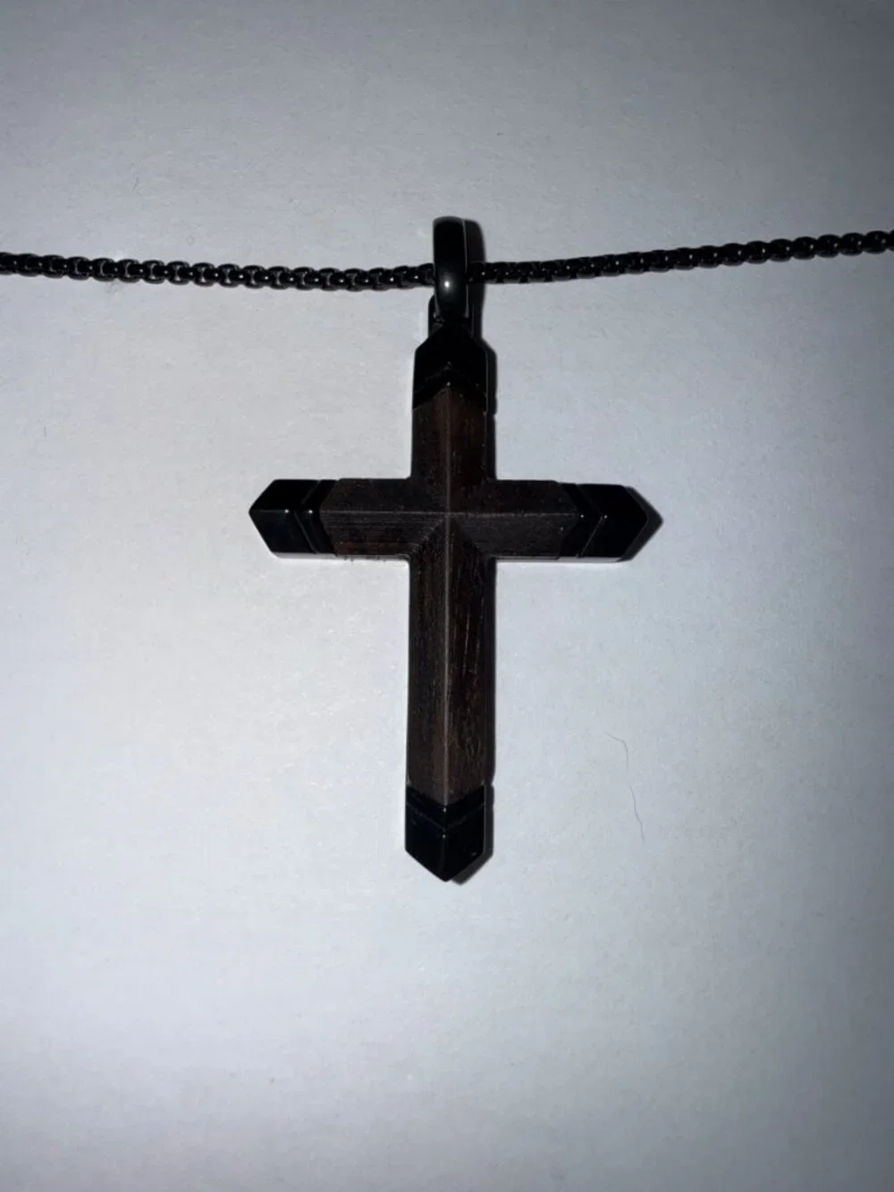 Black Cross Pendant Necklace Wood Grain Inlay Box Chain Men's Gothic Style